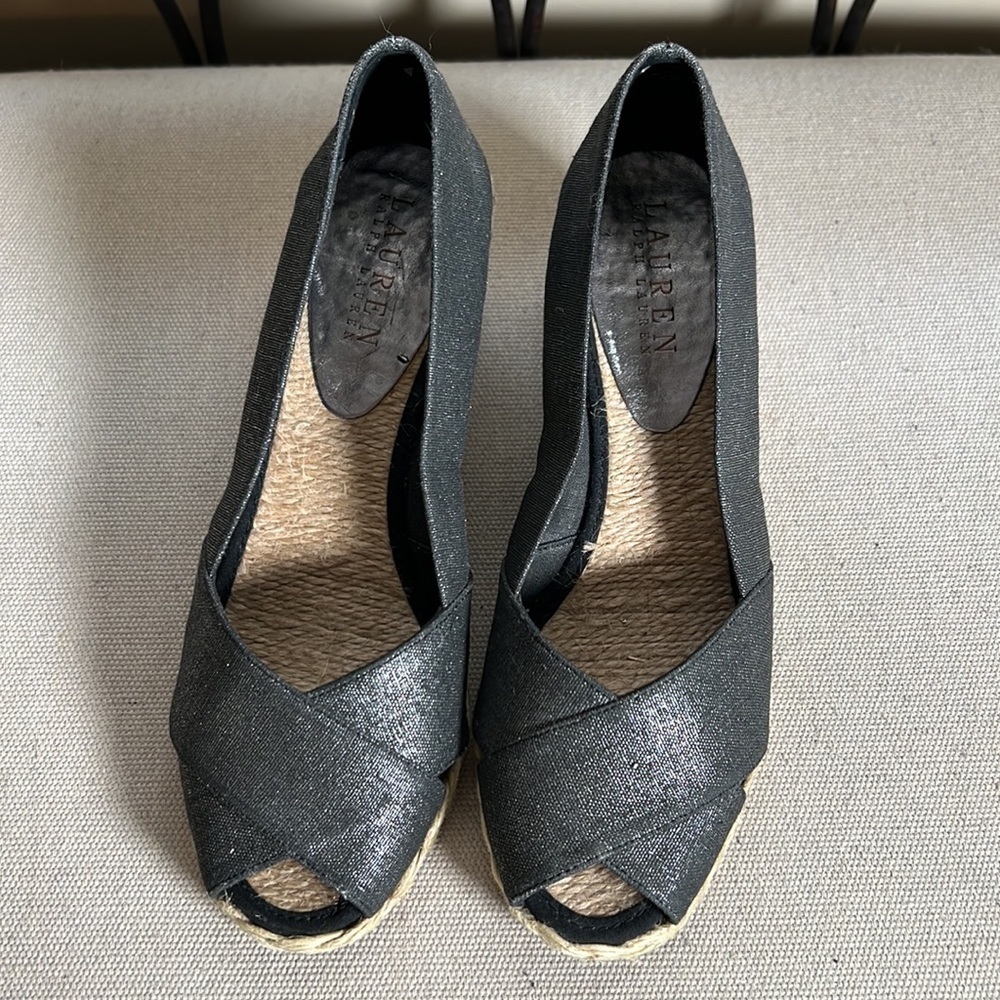 Lauren RL Cecilia open toe black with silver canvas sparkle Espadrilles wedge 7B - Picture 3 of 10